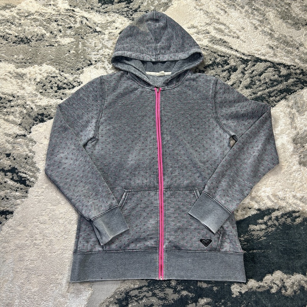 Roxy Hoodie Womens Large Gray Pink Polka Dots‎ Fleece Lined Cotton Logo Full Zip